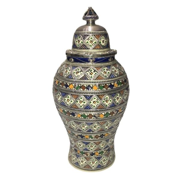 Elegance Unveiled: Hand-Painted Moroccan Ceramic Vase with Nickel Silver Inlay – A Rare Handcraft Masterpiece