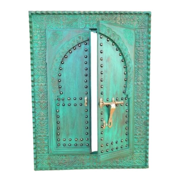 Hand-carved Moroccan Vintage Wooden Window with Brass Accents - Unique Wall Art and Mirror Frame