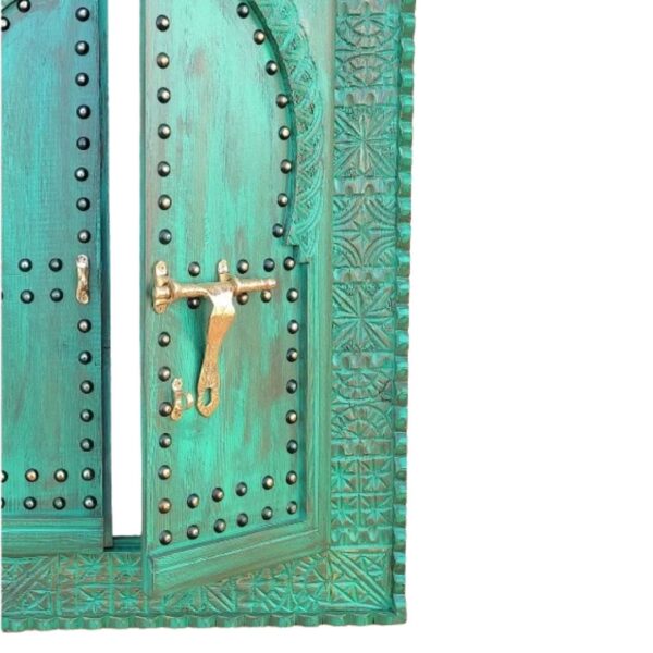 Hand-carved Moroccan Vintage Wooden Window with Brass Accents - Unique Wall Art and Mirror Frame - Image 2